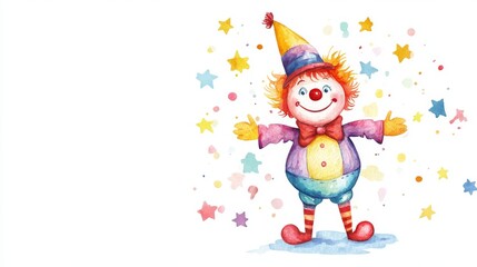 Watercolor illustration of a cute circus clown in pastel tones, standing with open arms on a white background with copy space