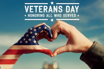 Two Hands Forming American Flag Heart Shape on Veterans Day Honoring All Who Served