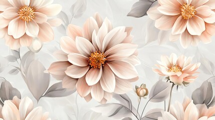 Simple watercolor dahlias with minimal details, soft pastel colors on a light gray background, seamless pattern