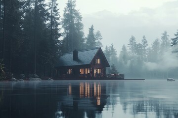 Fototapeta premium A Tranquil Lakeside Cabin Emerges Through Morning Mist in a Serene, Secluded Forest Setting at Dawn