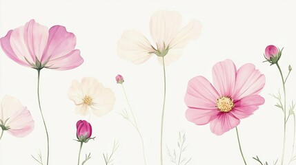 Minimalist watercolor cosmos flowers in soft pink and white, arranged on a light cream background, seamless design