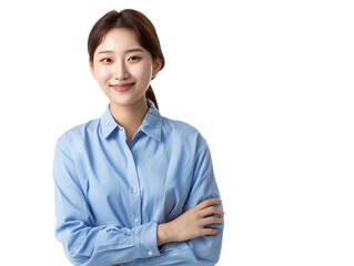Oriental business woman smiling on white background