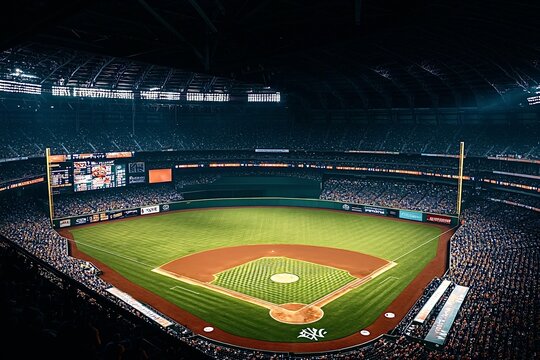 Baseball stadium at night filled with cheering fans watching a game