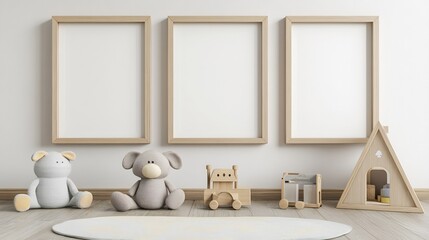 Playroom Interior with Wooden Frames and Toys