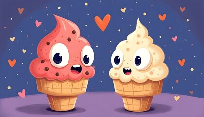 Obraz premium Two cute ice cream cones in love with hearts around them.