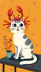 Fototapeta premium Cute white cat with grey stripes wearing a red crab on its head, sitting on a table with a red.
