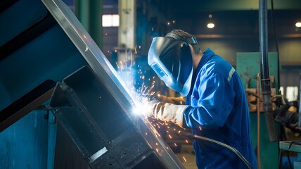 Welder Working on Large Metal Structure in Industrial Workshop