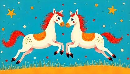 Two white horses with red manes and tails run in opposite directions, surrounded by stars and.