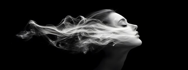 Fototapeta premium A translucent, ethereal woman made of smoke and light stands in profile with her head tilted back against an all-black background