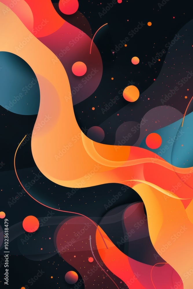 Poster Abstract Colorful Geometric Background with Fluid Shapes and Gradient Circles on Dark Backdrop