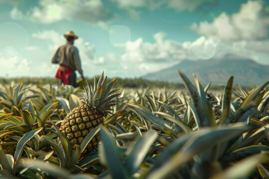 Farmer harvesting in pineapple farm   fruits field.