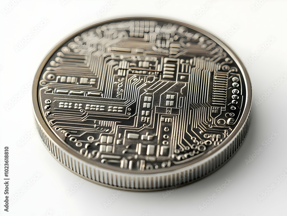 Poster futuristic coin illustration with digital circuitry patterns on white background - a macro shot blen