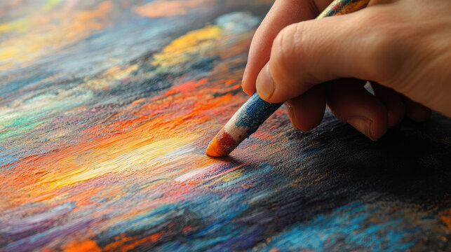 A close-up of a hand holding an oil pastel crayon, blending colors on a drawing of a sunset, highlighting the texture and richness of the medium.