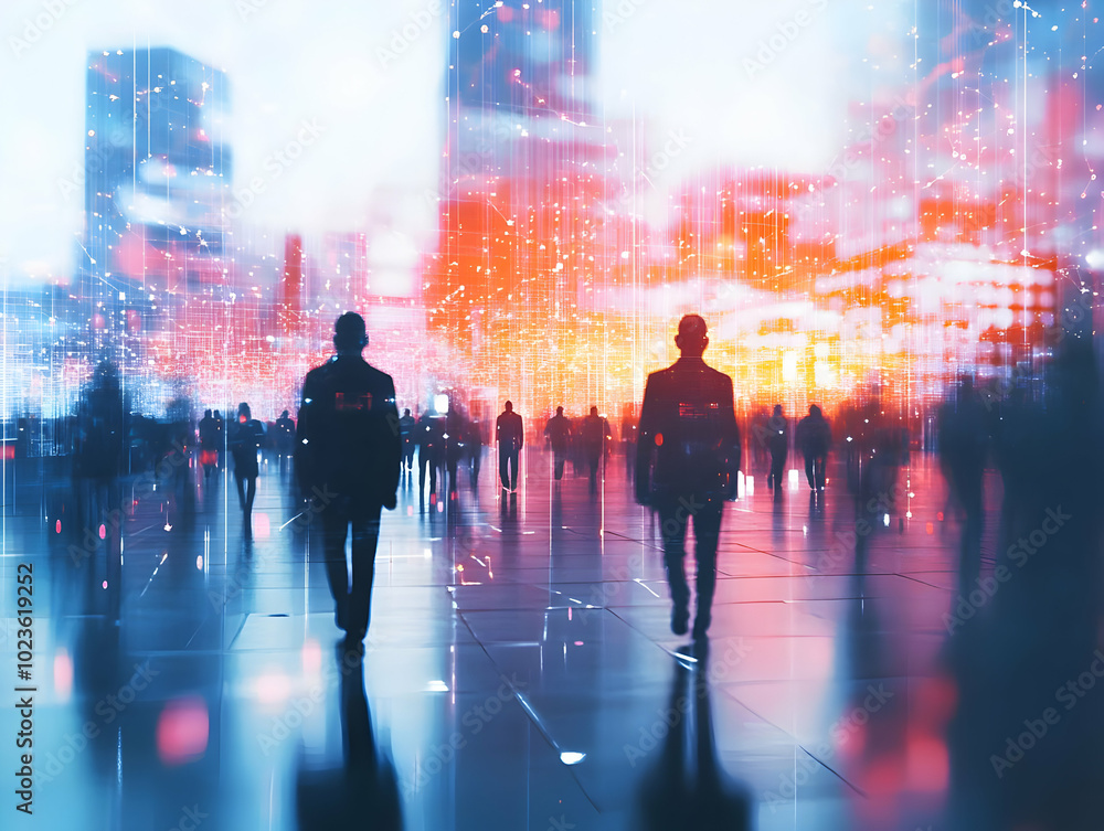 Poster flat blurred silhouettes of networking human figures with glowing light trails in a dynamic digital 