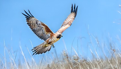 Hawk Soaring Above Grassy Meadow