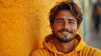 smiling man in an orange hoodie posing against a bright orange backdrop exuding warmth and friendliness capturing contemporary street style and personality