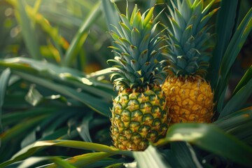 Obraz premium Close up two pineapple fruits in pineapple farming.