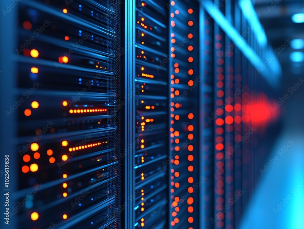 Poster close-up of illuminated server racks in a dark data center environment.