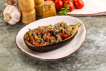 Baked eggplant stuffed meat and tomato