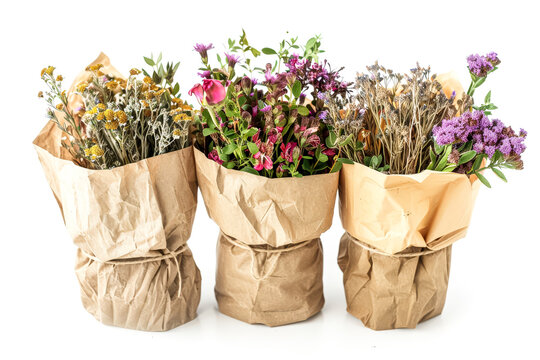Bouquet of flowers is displayed in four different bags, each containing a different type of flower. The bags are tied together with strings, creating a colorful and vibrant arrangement - Powered by Adobe