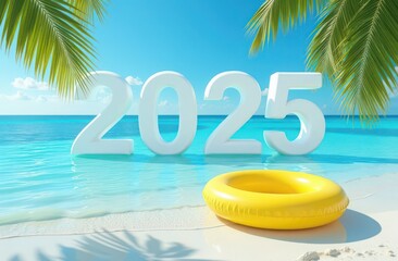 new year 2025. Summer holiday 2025. sandy beach, green palm leaf and sun lights, sea