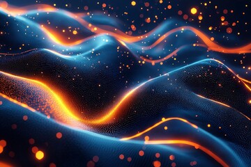 Abstract digital landscape with glowing orange and blue waves