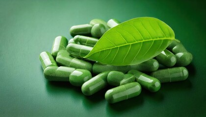 Natural green capsules with leaf symbolizing organic health