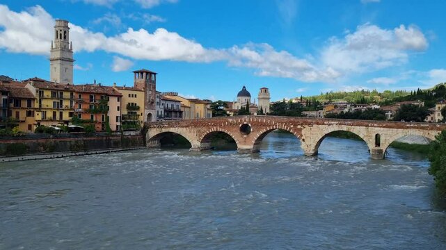 Verona - Italy - Ponte Pietra overlooking the banks of the old town