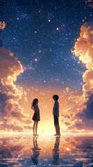 A beautiful sky with stars, clouds in the shape of people walking hand-in-hand on water reflections, with an anime girl and boy standing together in love