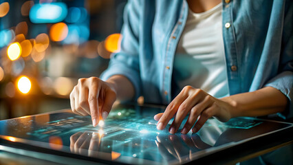 Close-Up of Millennial Fingers Tapping Holographic Tablet - Futuristic Tech Design for Digital Devices and Modern Technology Promotion in Photo Stock