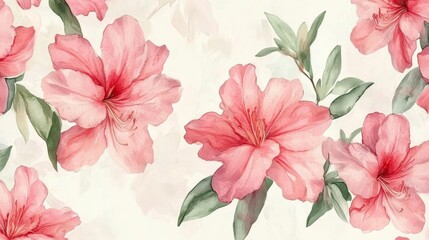 Watercolor azaleas in soft pink and red tones, minimal green leaves, scattered gently on a light background, seamless repeat