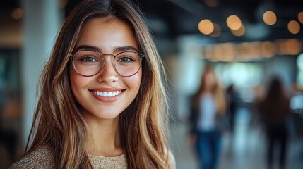 Young woman with glasses smiling in a casual office setting