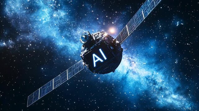 Satellite with AI Logo Soaring Through Starry Outer Space