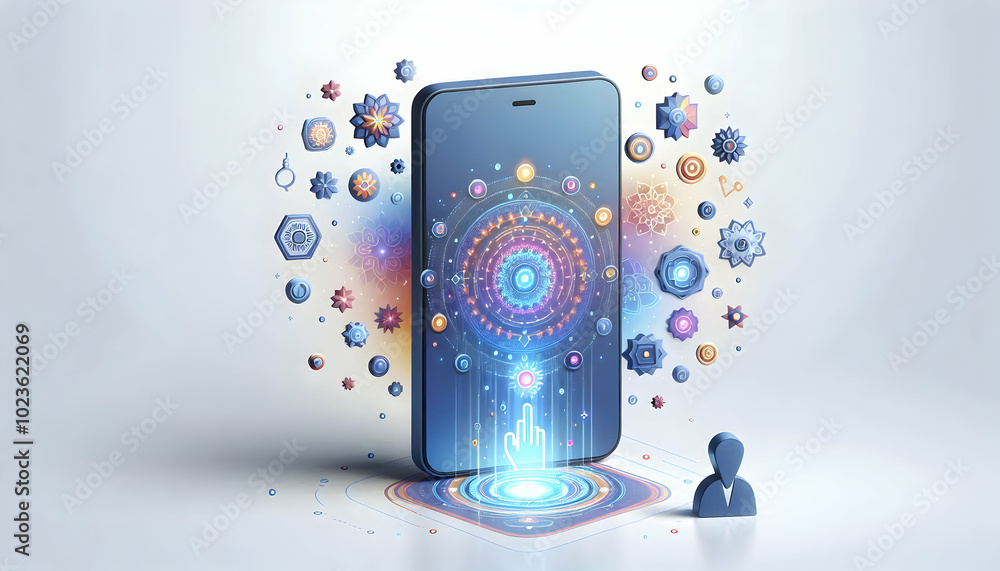 Poster flat smartphone with holographic rangoli elements floating above in brightly lit scene - simple vect