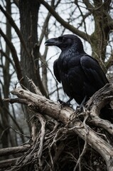 A black crow perched on twisted branches among bare trees in a dimly lit forest during early morning hours.