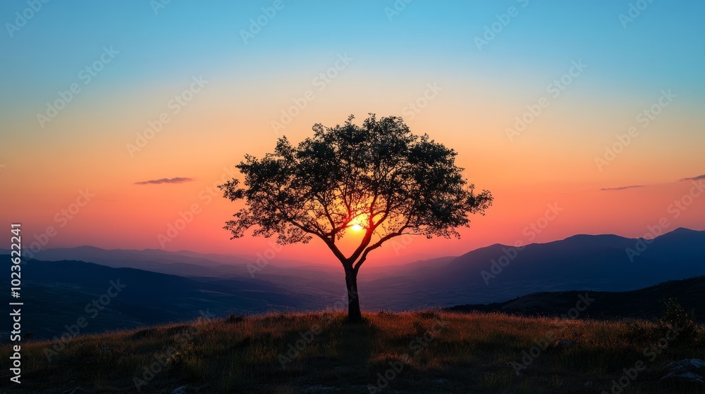 Aufkleber a tree is standing in a field with a beautiful sunset in the background