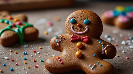 A gingerbread man with colorful icing and sprinkles on a brown background.