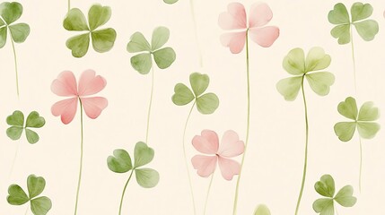 Watercolor clover flowers in light pink and green tones, minimalist and airy, arranged on a soft beige background, seamless pattern