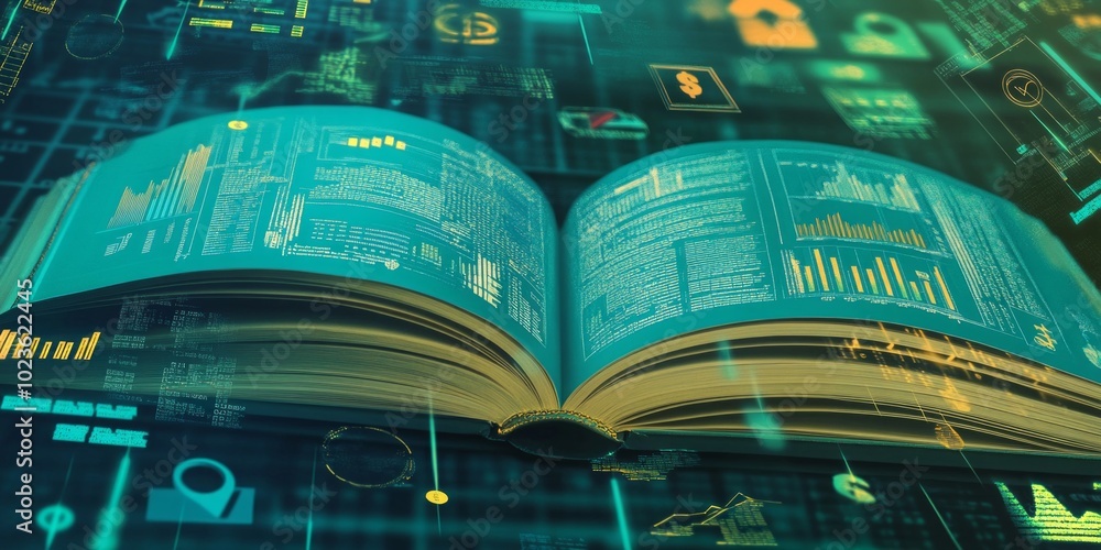 Poster an open digital book with glowing pages displays dynamic data and information. this illustration com