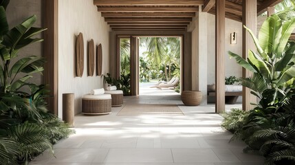Fototapeta premium Tropical resort-style spa shop facade with wooden beams, open-air layout, and lush greenery, Spa Shop, Tropical Resort