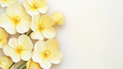 Delicate watercolor primroses in soft yellow and white, arranged gently on a light background, seamless design