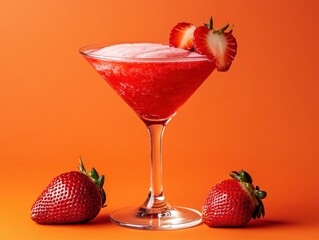 Delicious strawberry cocktail with fresh strawberries on a vibrant orange background.