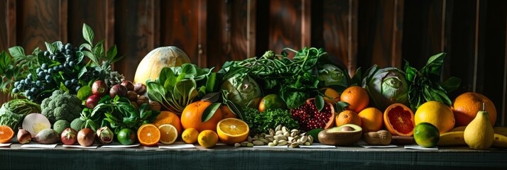 A beautiful assortment of fresh foods, packed with essential vitamins, highlights the importance of balanced nutrition and healthy eating, banner