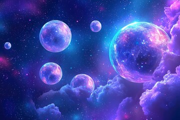 Cosmic Landscape with Glowing Planets and Starry Sky