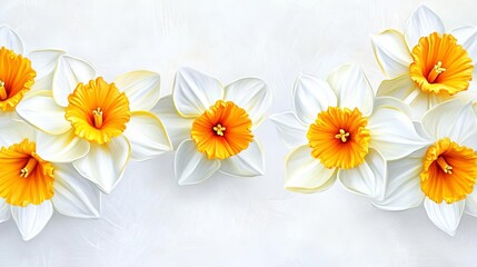 Obraz premium Watercolor daffodils in soft yellow and white tones, minimal details, arranged on a light gray background, seamless design