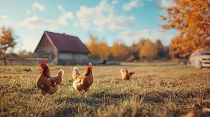 Freerange chickens pecking around a farmyard, livestock farming, organic poultry raising