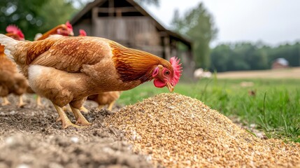 Fototapeta premium Freerange chickens pecking around a farmyard, livestock farming, organic poultry raising