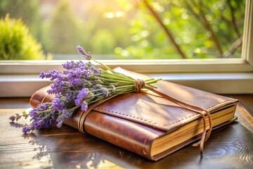 Leather bound journal with lavender sprigs by sunlit window low angle view