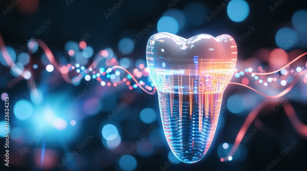 Poster a digital representation of a tooth implant with glowing elements and abstract connections.