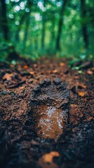 Close-Up of Muddy Footprint on Forest Trail